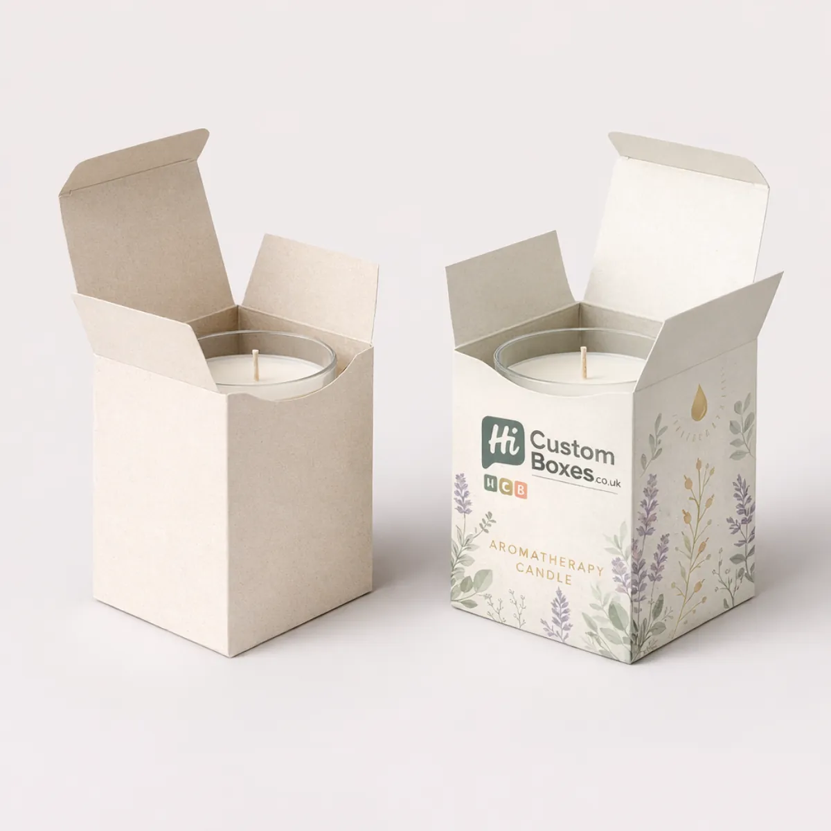 Tall thin cardboard boxes with curved tuck-in lids featuring lavender water colours and 